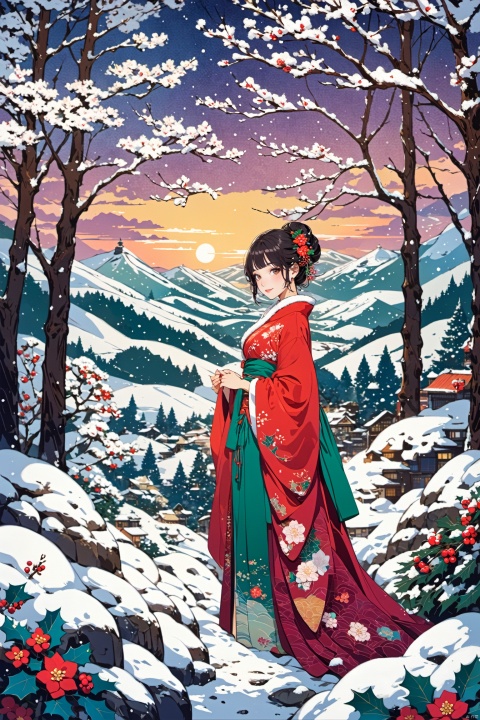  Zen painting illustration,anime art style,masterpiece,top quality,best quality,official art,beautiful and aesthetic,extremely detailed,colorful,flowers,highest detailed,zentangle,abstract background,shiny skin,many colors,flowing patterns, textured,serene, stylized natural elements, minimalist, digital art, vintage aesthetic
Plum Blossoms, Holly, Evergreen, Snow Clear, Northern City Tower, Snow Scenery
1 girl,hanfu,Christmas dress, red robe,traditional attire, big eyes,beautiful face,looking_at_viewer,smile, perfect figure,(slender waist:1.1),long legs,model figure,Illustration, scenery