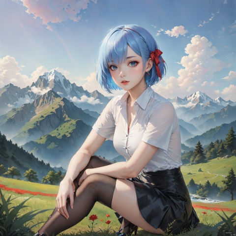  (remReZero:1.5),(rem:1.8),blue hair, ,blue_eyes,hair_over_one_eye,short_hair,blue_hair,hair_ribbon,(realistic:1.3),masterpiece,best quality,masterpiece,best quality,realistic style,highest detailed,
1 girl,black hair,big eyes,beatiful face,modern white-collar hairstyle, light makeup with a bright red lining, minimalist jewelry, wearing a low cut white short sleeved shirt, black short suit skirt, high heels
Landscape, Mountains, Nature, Clouds, Nature, Leisure, Illustration