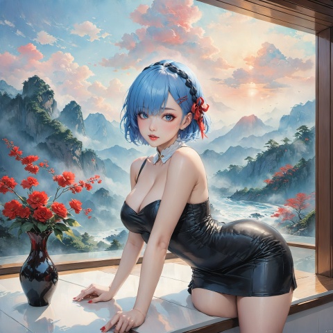  (remReZero:1.5),(rem:1.8),blue hair, ,blue_eyes,hair_over_one_eye,short_hair,blue_hair,hair_ribbon,(realistic:1.3),masterpiece,best quality,masterpiece,best quality,realistic style,highest detailed,
1 girl,black hair,big eyes,beatiful face,big breasts,Fashionable wave hairstyle, modern white-collar hairstyle, light makeup with a bright red lining, minimalist jewelry, wearing a low cut white short sleeved shirt, black short suit skirt, high heels
Landscape, Mountains, Nature, Clouds, Nature, Leisure, Illustration