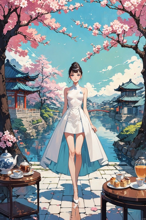  Zen painting illustration,Chinese style,pov,flat_style,anime art style,masterpiece,top quality,best quality,official art,beautiful and aesthetic,Symmetrical composition, symmetrical art,background in the distance is a bustling Chinese city
1 girl,extremely detailed,colorful,flowers,highest detailed,abstract background,shiny skin,many colors,sakura,flowing patterns,textured,blue and white palette,serene,stylized natural elements,minimalist,digital art,vintage aesthetic,tree,
solo,(pure White short dress:1.3),like Audrey Hepburn,elegant and sexy posture,high heels,bare arms,
full body,big eyes,beautiful face,looking_at_viewer,smile,perfect figure,(slender waist:1.2),(long legs:1.3),model figure,Illustration,
Luxury coffee shop, coffee, sitting, afternoon tea, white cat