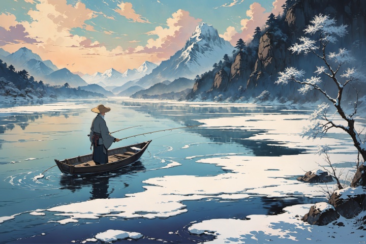 (1 old man in Lone boat),White beard,Fishing on the boat,straw hat, solitary fishing,huge river, very wide river surface snow,The vast river surface,frozen river water, loneliness, peaceful river surface, flowing snowflakes, dancing egrets
Zen painting illustration,anime art style,masterpiece,top quality,best quality,official art,extremely detailed,highest detailed,zentangle,abstract background,flowing patterns, textured,traditional attire, serene, stylized natural elements, minimalist figure, digital art, vintage aesthetic
magnificent yet lonely, Illustration