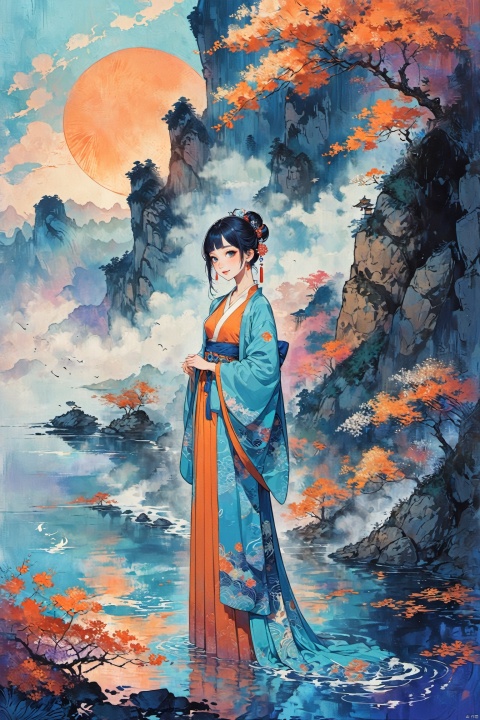 Zen painting illustration,anime art style,masterpiece,top quality,best quality,official art,beautiful and aesthetic,1 girl on cliff side ,extremely detailed,colorful,flowers,highest detailed,zentangle,abstract background,shiny skin,many colors,feathers,flowing patterns, textured, blue and orange palette, traditional attire, serene, stylized natural elements, minimalist figure, digital art, vintage aesthetic
1 girl,hanfu,big eyes,beautiful face,looking_at_viewer,smile,HanFu, perfect figure,(slender waist:1.1),long legs,model figure,Illustration