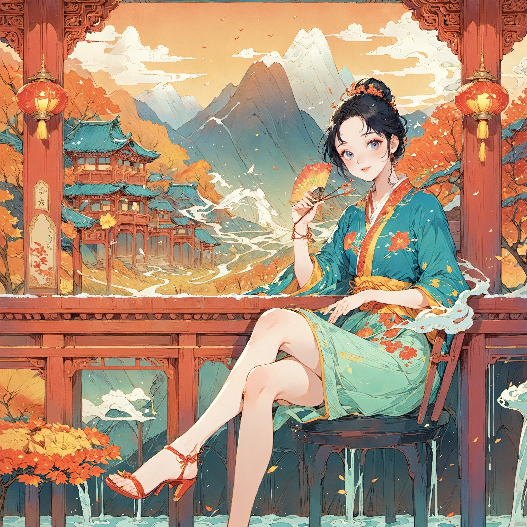flat_style,simple_colors,masterpiece,{{{best_quality}}},{{ultra-detailed}},Hanfu,Holding a fan,{{1girl}},{{{solo}}},
an_extremely_delicate_and_beautifu,blank_stare,close_to_viewer,breeze,Flying_splashes,Flying_petals,wind,Gorgeous and rich graphics,
symmetrical composition,Beautiful face,looks like tangwei,cute,seductive smile,looking at the audience,big eyes,charming eyes,perfect figure,black hair, Illustration
pov,Distant snow mountains,and grasslands,
Autumn, red leaves, yellow leaves, Illustration