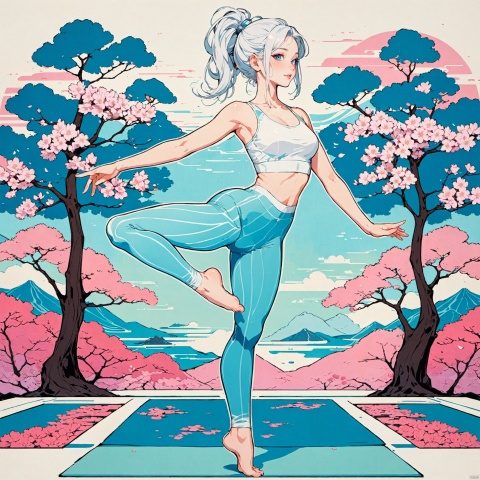  Zen painting illustration,pov,flat_style,comic art style,masterpiece,top quality,best quality,official art,beautiful and aesthetic,Symmetrical composition, symmetrical art
many colors,sakura,flowing patterns,textured,blue and white palette,serene,stylized natural elements,minimalist,digital art,vintage aesthetic,
1 girl,extremely detailed,colorful,flowers,highest detailed,abstract background,shiny skin,bare foot,beautifly foot,legs standing,yoga pants,yoga bra,yoga pose,
solo, long sleeves, standing, full body,tree,big eyes,beautiful face,looking_at_viewer,smile,perfect figure,(slender waist:1.2),(long legs:1.2),,model figure,Illustration,Legs apart, hand pressure difference, Illustration