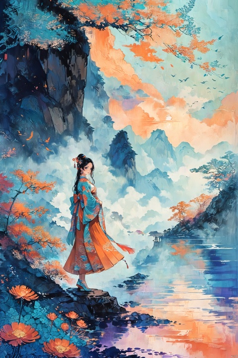 Zen painting illustration,anime art style,masterpiece,top quality,best quality,official art,beautiful and aesthetic,1 girl on cliff side ,extremely detailed,colorful,flowers,highest detailed,zentangle,abstract background,shiny skin,many colors,feathers,flowing patterns, textured, blue and orange palette, traditional attire, serene, stylized natural elements, minimalist figure, digital art, vintage aesthetic
1 girl,hanfu,big eyes,beautiful face,looking_at_viewer,smile,HanFu, perfect figure,(slender waist:1.1),long legs,model figure,Illustration