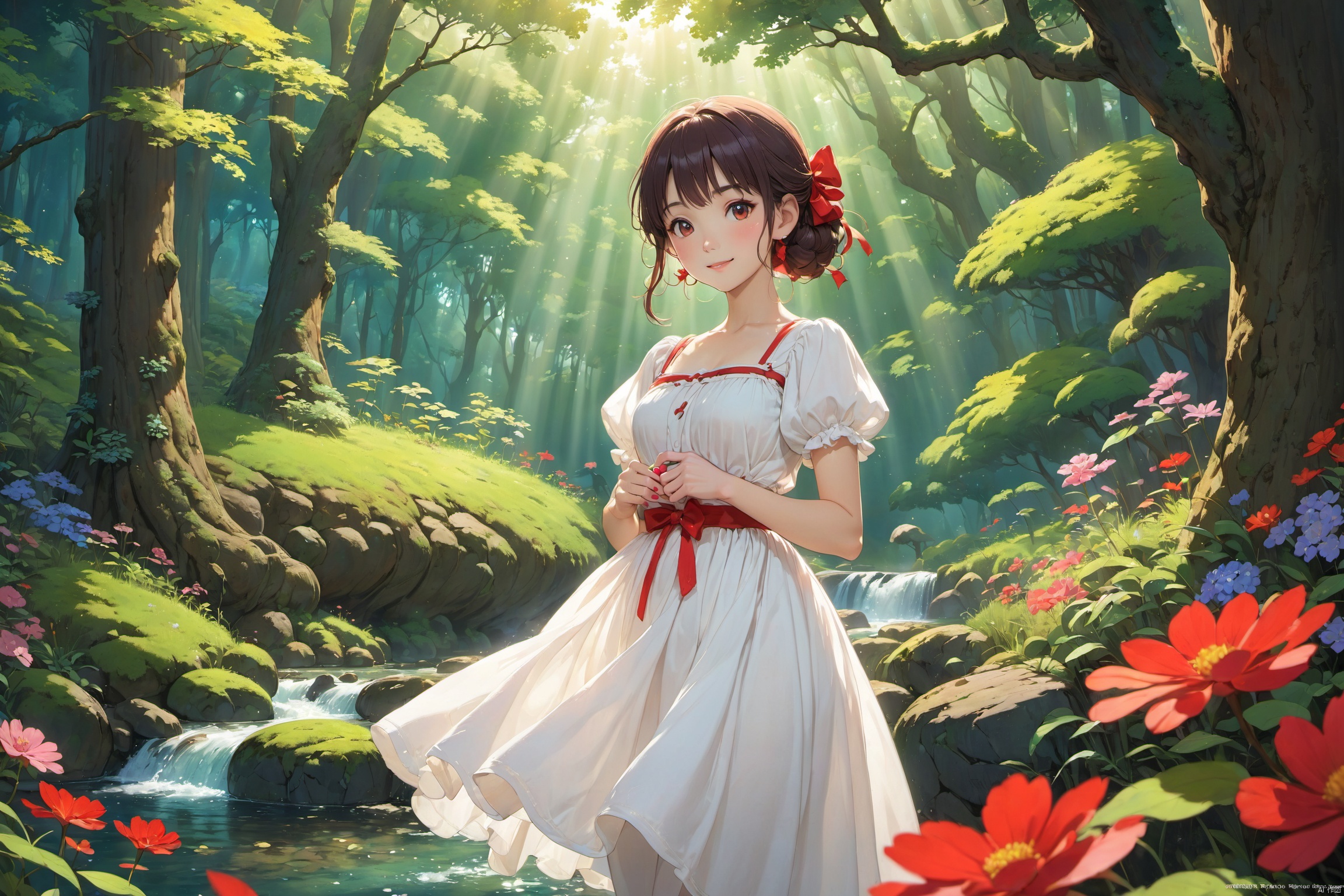 NFSW,A cozy, inviting forest clearing featuring a gentle stream, with sunbeams piercing through the leafy canopy, creating a magical, natural setting that evokes the comfort of a classic Ghibli backdrop
1girl,beautiful face,capable face,looking_at_viewer,smile,perfect figure,(slender waist:1.1),model figure,ghibli,white dress with a red bow hair accessory,
masterpiece,top quality,best quality,official art,beautiful and aesthetic,extremely detailed,
ghibli, (\shui mo\)
