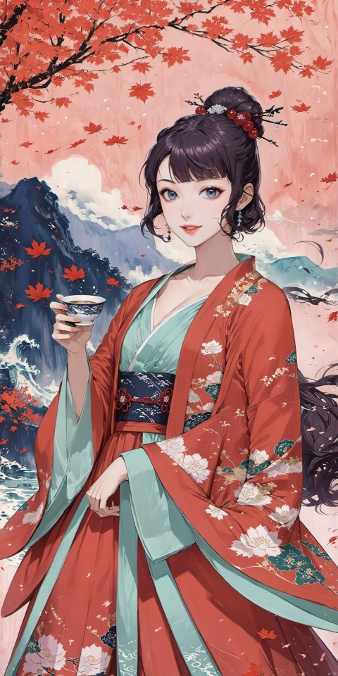  {{{Ukiyo-e_style}}},{{flat_style}},{simple_colors},{{{masterpiece}}}, {katsushika_hokusai},red_sky,{chinoiserie},{{{best_quality}}},{{ultra-detailed}},Hanfu,chinese place,{illustration},Maple_leaves_flying,{{1girl}},{{{solo}}},{{an_extremely_delicate_and_beautiful}},blank_stare,close_to_viewer,{breeze},{Flying_splashes},{Flying_petals},wind,{Gorgeous and rich graphics}
symmetrical composition,low necked shirt,holding a tee cup in one hand,
Beautiful face,looks like Audrey Hepburn,cute,seductive smile,looking at the audience,big eyes,charming eyes,perfect figure,black hair, Illustration, niji3, hanfu
