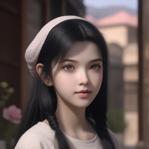 {Best Quality}, {Masterpiece}, {High Resolution}, Original, Very Detailed 8K Portrait, {Very Exquisite and Beautiful}, 1 Girl, Close-up, Black Hair, Straight Hair, Headwear, Peach Eyes, Cute, Soft and Cute, Innocent, t-shirt