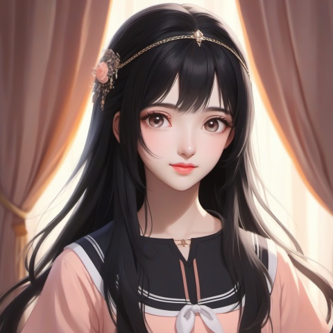 {Best Quality}, {Masterpiece}, {High Resolution}, Original, Very Detailed 8K Portrait, {Very Exquisite and Beautiful}, 1 Girl, Close-up, Black Hair, Straight Hair, Headwear, Peach Eyes, Cute, Soft and Cute, Innocent, t-shirt