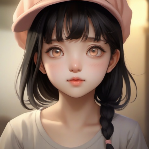 {Best Quality}, {Masterpiece}, {High Resolution}, Original, Very Detailed 8K Portrait, {Very Exquisite and Beautiful}, 1 Girl, Close-up, Black Hair, Straight Hair, Headwear, Peach Eyes, Cute, Soft and Cute, Innocent, t-shirt