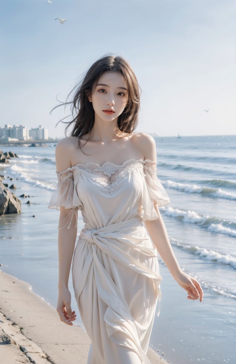 best quality, hyper reali**, (ultra high resolution), masterpiece, 8K, RAW Photo,1girl,walk by the seashore,outdoor,(beautiful face:1.5),see through,seashore and seagull background,90s, Long hair reaching the waist, off-shoulder dress, big_breasts
