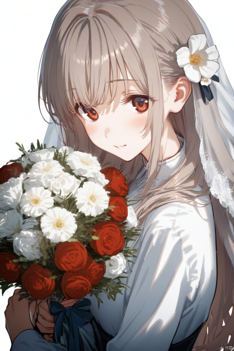  1girl, solo, long hair, looking at viewer, bangs, shirt, hair ornament, red eyes, long sleeves, ribbon, holding, closed mouth, white shirt, upper body, flower, grey hair, hair flower, white flower, red flower, veil, bouquet, holding flower, chromatic aberration, bridal veil, holding bouquet