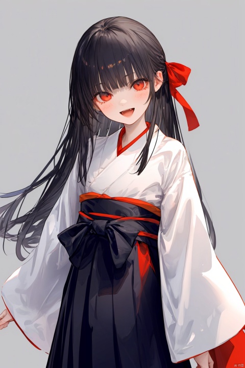 1girl, solo, long hair, looking at viewer, blush, bangs, skirt, simple background, black hair, long sleeves, white background, red eyes, standing, :d, japanese clothes, wide sleeves, kimono, grey background, head tilt, ribbon trim, hakama, straight hair, hakama skirt, ribbon-trimmed sleeves,