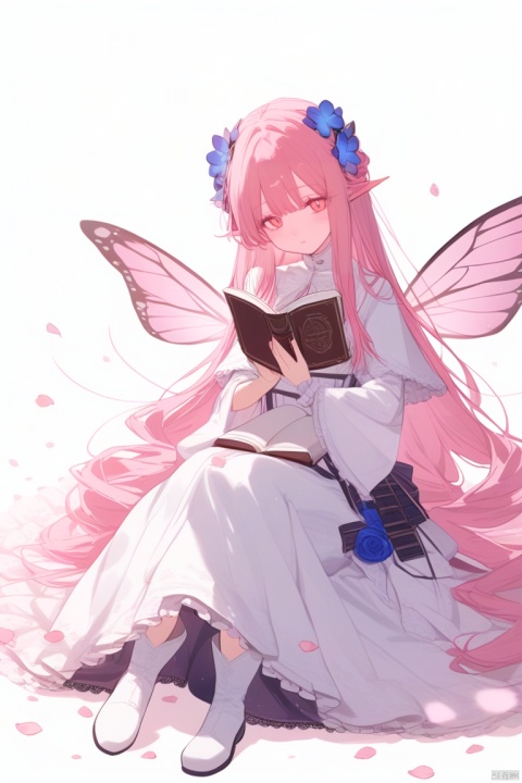  (pink theme),1girl, solo, flower, pink hair, long hair, wings, white background, pink flower, hair ornament, book, pink eyes, sitting, hair flower, dress, frills, simple background, white footwear, looking at viewer, bangs, petals, wide sleeves, full body, blue flower, holding, boots, long sleeves, closed mouth, very long hair, open book, wrist cuffs, white dress, holding book, butterfly wings, rose, pink rose, blush, purple flower, frilled dress, fairy wings, frilled sleeves