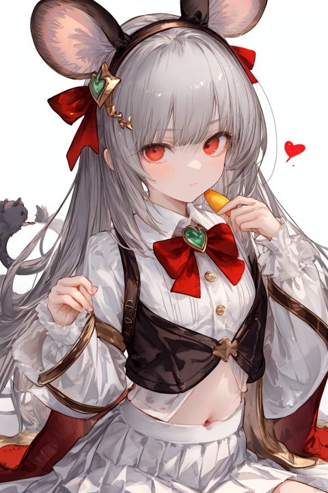 1girl, solo, looking at viewer, blush, bangs, skirt, simple background, shirt, hair ornament, red eyes, long sleeves, white background, bow, navel, animal ears, jewelry, sitting, closed mouth, white shirt, white hair, hair bow, grey hair, heart, pleated skirt, hairband, food, hairclip, midriff, collared shirt, hand up, wide sleeves, bowtie, twitter username, red bow, crop top, fake animal ears, animal, white skirt, brooch, mouse ears, heart brooch, mouse, cheese, vikala \(granblue fantasy\)