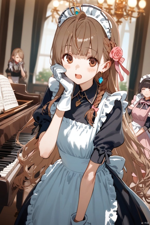  long hair, looking at viewer, blush, smile, open mouth, bangs, multiple girls, brown hair, hair ornament, gloves, long sleeves, dress, bow, holding, jewelry, closed eyes, braid, flower, short sleeves, earrings, frills, puffy sleeves, indoors, white gloves, 3girls, blunt bangs, necklace, white dress, blurry, :o, apron, black dress, puffy short sleeves, book, maid, maid headdress, window, rose, frilled dress, tiara, pink bow, instrument, pink dress, hand on own face, maid apron, music, hand on own cheek, book stack, piano, chandelier