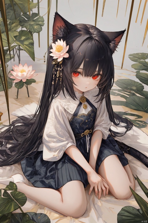  illustration,red eyes,black hair,cat ears,hair flower,lotus,wariza,from above,highres,solo focus,masterpiece,best quality,full body,