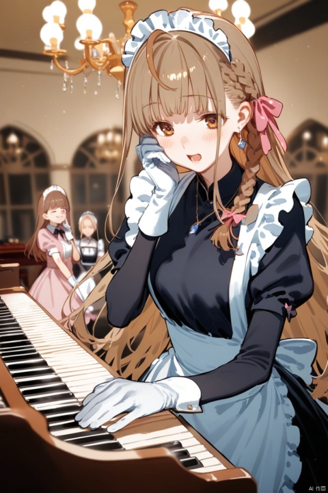  long hair, looking at viewer, blush, smile, open mouth, bangs, multiple girls, brown hair, hair ornament, gloves, long sleeves, dress, bow, holding, jewelry, closed eyes, braid, flower, short sleeves, earrings, frills, puffy sleeves, indoors, white gloves, 3girls, blunt bangs, necklace, white dress, blurry, :o, apron, black dress, puffy short sleeves, book, maid, maid headdress, window, rose, frilled dress, tiara, pink bow, instrument, pink dress, hand on own face, maid apron, music, hand on own cheek, book stack, piano, chandelier