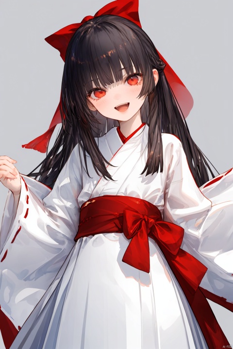 1girl, solo, long hair, looking at viewer, blush, bangs, skirt, simple background, black hair, long sleeves, white background, red eyes, standing, :d, japanese clothes, wide sleeves, kimono, grey background, head tilt, ribbon trim, hakama, straight hair, hakama skirt, ribbon-trimmed sleeves, miko, red hakama