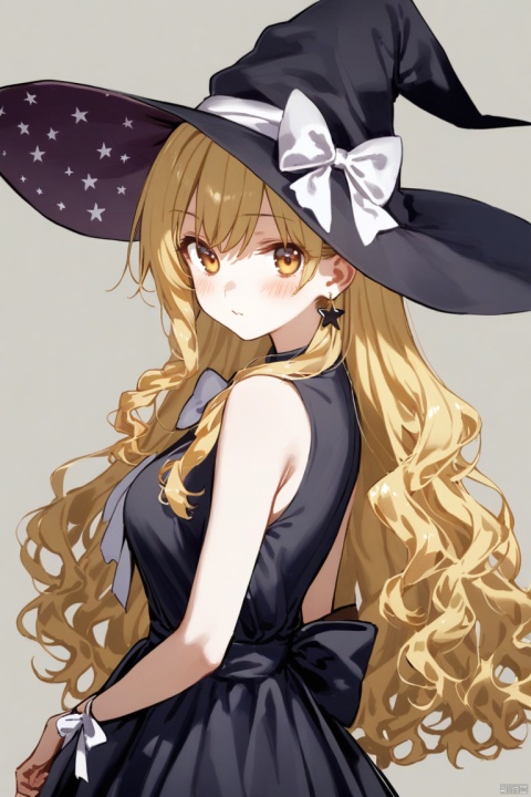  1girl, solo, hat, kirisame_marisa, long_hair, jewelry, earrings, blonde_hair, witch_hat, dress, blush, looking_at_viewer, bow, white_background, simple_background, black_dress, hat_bow, yellow_eyes, wrist_ribbon, star_earrings, sparkle, ribbon, black_headwear, bowtie, white_bow, sash, bare_shoulders, from_side, alternate_costume, bangs, purple_bow, wavy_hair, sleeveless, breasts, starry_sky_print, sleeveless_dress, cowboy_shot, star_\(symbol\), hat_ribbon, standing, bare_arms