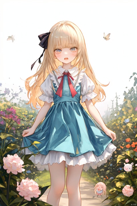 (alice in wonderland:1.2), 1girl, blond hair, hair ribbon, cute, kawaii, (blush), expressionless, open mouth, thigh, (white background), in the garden