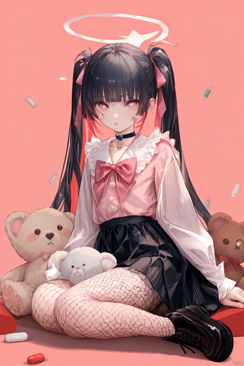 masterpiece,best quality,1girl,solo,long hair,looking at viewer,bangs,skirt,shirt,black hair,long sleeves,bow,ribbon,twintails,sitting,monochrome,hair bow,heart,pantyhose,frills,food,shoes,choker,blunt bangs,black skirt,pink eyes,symbol-shaped pupils,halo,heart-shaped pupils,stuffed toy,pink background,stuffed animal,frilled skirt,pink bow,fishnets,candy,bandaid,pink shirt,teddy bear,lollipop,fishnet pantyhose,platform footwear,pink theme,pill,jirai kei,lam style,colorful hair,hiqcgbody,masterpiece,best quality,holographic,holographic ccozy anime,moyou,AGM,soft,WhitePantyhose,1girl,