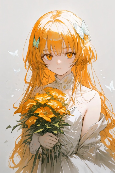 butterfly hair ornament, flat chest, (ambiguous gender:1.2), plain clothes, holding a bouquet of lilies, (from side:0.7) (sketch:1.3), charcoal drawing, rough drawing, selective color monochrome((White, Yellow, Orange)), partial coloring, golden edge