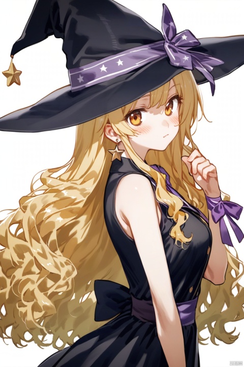  1girl, solo, hat, kirisame_marisa, long_hair, jewelry, earrings, blonde_hair, witch_hat, dress, blush, looking_at_viewer, bow, white_background, simple_background, black_dress, hat_bow, yellow_eyes, wrist_ribbon, star_earrings, sparkle, ribbon, black_headwear, bowtie, white_bow, sash, bare_shoulders, from_side, alternate_costume, bangs, purple_bow, wavy_hair, sleeveless, breasts, starry_sky_print, sleeveless_dress, cowboy_shot, star_\(symbol\), hat_ribbon, standing, bare_arms