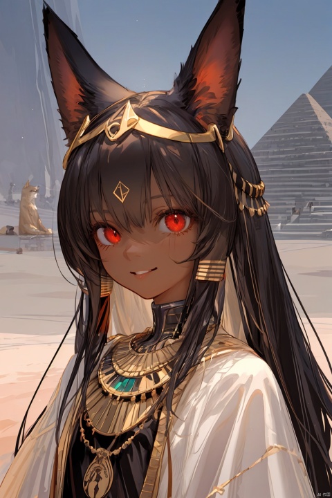 vibrant colors, 1 girl, masterpiece, sharp focus, best quality, depth of field, cinematic lighting, detailed outfit, anubis girl, anubis ears, red eyes, dark skin, cute, smile, medium black hair, egyptian outfit, golden egyptian jewelry, desert, pyramid, 