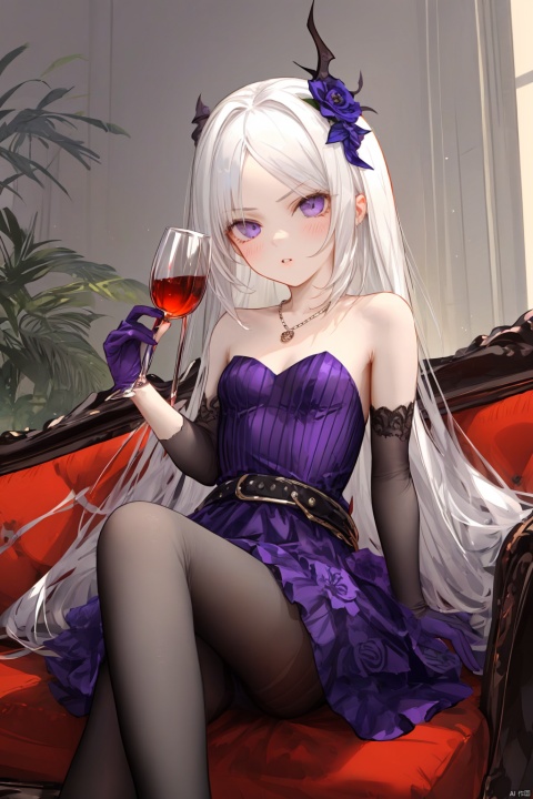 1girl, solo, long hair, looking at viewer, blush, bangs, gloves, dress, holding, bare shoulders, jewelry, sitting, purple eyes, collarbone, white hair, pantyhose, sidelocks, small breasts, frills, parted lips, elbow gloves, belt, necklace, cup, parted bangs, strapless, feet out of frame, couch, holding cup, strapless dress, purple dress, drinking glass, wine glass, purple gloves, on couch, purple pantyhose, hina \(blue archive\)