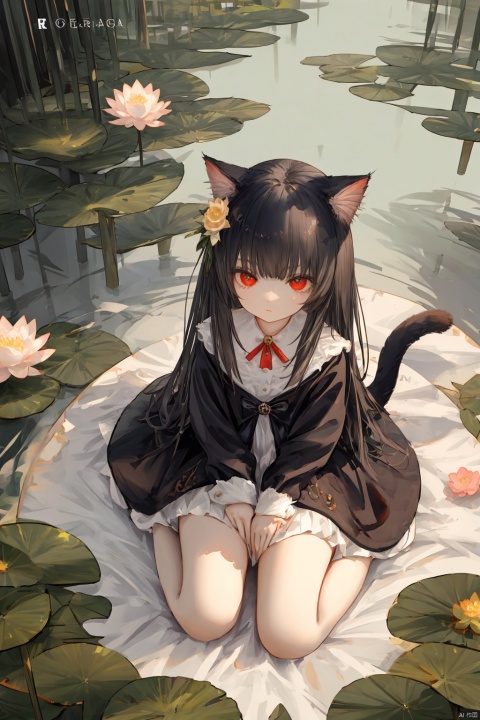 illustration,red eyes,black hair,cat ears,hair flower,lotus,wariza,from above,highres,solo focus,masterpiece,best quality,full body,