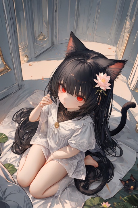 illustration,red eyes,black hair,cat ears,hair flower,lotus,wariza,from above,highres,solo focus,masterpiece,best quality,full body,