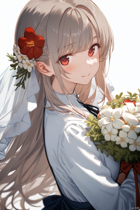 1girl, solo, long hair, looking at viewer, bangs, shirt, hair ornament, red eyes, long sleeves, ribbon, holding, closed mouth, white shirt, upper body, flower, grey hair, hair flower, white flower, red flower, veil, bouquet, holding flower, chromatic aberration, bridal veil, holding bouquet