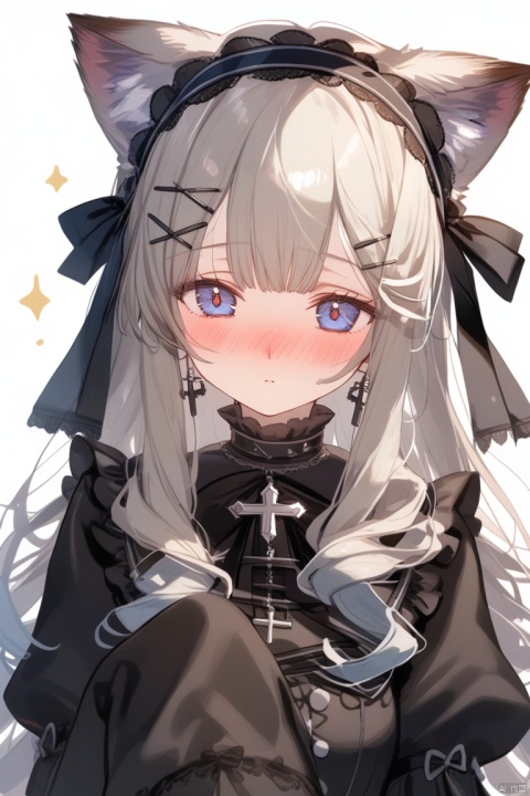  1girl, solo, long hair, looking at viewer, blush, bangs, blue eyes, simple background, hair ornament, long sleeves, white background, dress, bow, animal ears, jewelry, closed mouth, upper body, hair bow, hairband, earrings, hairclip, cat ears, black dress, sleeves past wrists, grey eyes, sparkle, black bow, cross, black hairband, x hair ornament, sleeves past fingers, lolita fashion, gothic lolita, cross earrings