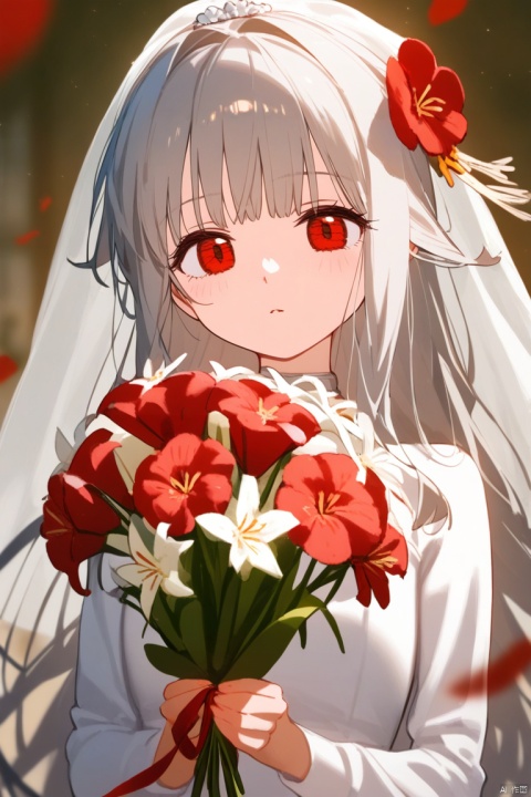 1girl, solo, long hair, looking at viewer, bangs, shirt, hair ornament, red eyes, long sleeves, ribbon, holding, closed mouth, white shirt, upper body, flower, grey hair, hair flower, white flower, red flower, veil, bouquet, holding flower, chromatic aberration, bridal veil, holding bouquet