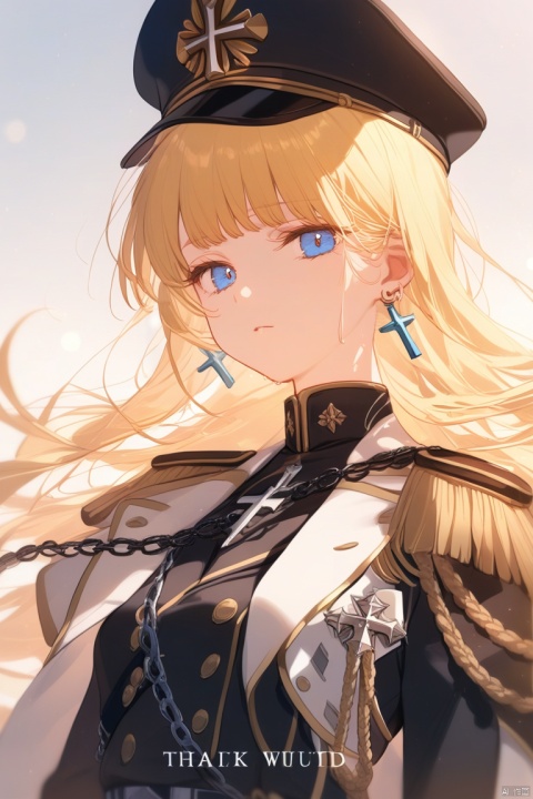  1girl, solo, long hair, looking at viewer, bangs, blue eyes, blonde hair, hat, jewelry, closed mouth, jacket, upper body, earrings, uniform, english text, military, black headwear, military uniform, chain, cross, peaked cap, epaulettes, military hat, cross earrings, aiguillette