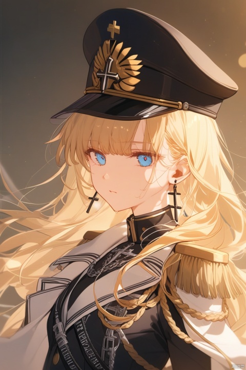 1girl, solo, long hair, looking at viewer, bangs, blue eyes, blonde hair, hat, jewelry, closed mouth, jacket, upper body, earrings, uniform, english text, military, black headwear, military uniform, chain, cross, peaked cap, epaulettes, military hat, cross earrings, aiguillette