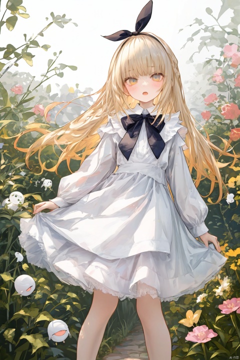 (alice in wonderland:1.2), 1girl, blond hair, hair ribbon, cute, kawaii, (blush), expressionless, open mouth, thigh, (white background), in the garden