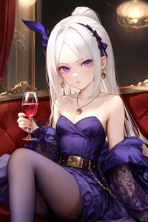 1girl, solo, long hair, looking at viewer, blush, bangs, gloves, dress, holding, bare shoulders, jewelry, sitting, purple eyes, collarbone, white hair, pantyhose, sidelocks, small breasts, frills, parted lips, elbow gloves, belt, necklace, cup, parted bangs, strapless, feet out of frame, couch, holding cup, strapless dress, purple dress, drinking glass, wine glass, purple gloves, on couch, purple pantyhose, hina \(blue archive\)