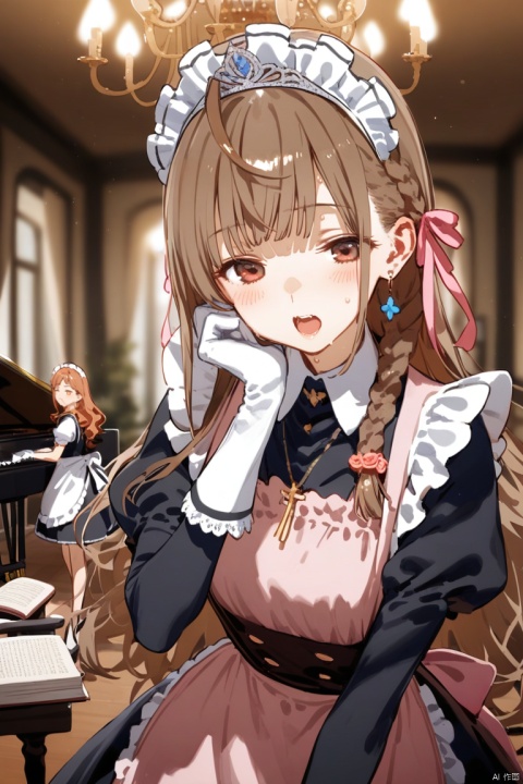long hair, looking at viewer, blush, smile, open mouth, bangs, multiple girls, brown hair, hair ornament, gloves, long sleeves, dress, bow, holding, jewelry, closed eyes, braid, flower, short sleeves, earrings, frills, puffy sleeves, indoors, white gloves, 3girls, blunt bangs, necklace, white dress, blurry, :o, apron, black dress, puffy short sleeves, book, maid, maid headdress, window, rose, frilled dress, tiara, pink bow, instrument, pink dress, hand on own face, maid apron, music, hand on own cheek, book stack, piano, chandelier