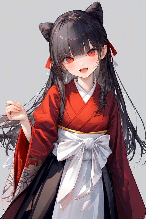 1girl, solo, long hair, looking at viewer, blush, bangs, skirt, simple background, black hair, long sleeves, white background, red eyes, standing, :d, japanese clothes, wide sleeves, kimono, grey background, head tilt, ribbon trim, hakama, straight hair, hakama skirt, ribbon-trimmed sleeves,
