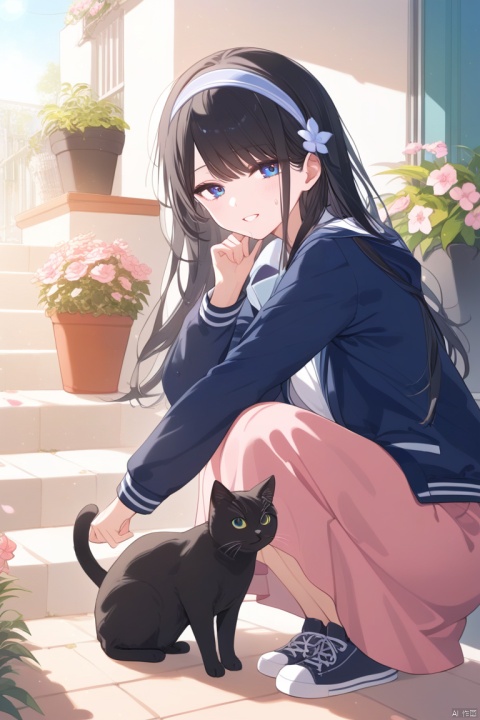1girl, solo, long hair, looking at viewer, blush, smile, open mouth, bangs, blue eyes, skirt, shirt, black hair, long sleeves, jacket, white shirt, flower, hairband, outdoors, shoes, day, mole, animal, sunlight, squatting, cat, plant, blue jacket, sneakers, mole under mouth, pink flower, pink skirt, long skirt, brown skirt, stairs, potted plant, black cat, kazano hiori
