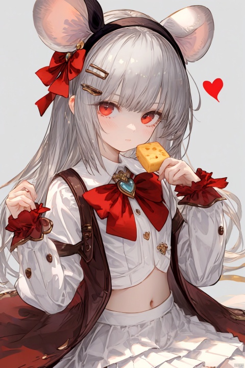 1girl, solo, looking at viewer, blush, bangs, skirt, simple background, shirt, hair ornament, red eyes, long sleeves, white background, bow, navel, animal ears, jewelry, sitting, closed mouth, white shirt, white hair, hair bow, grey hair, heart, pleated skirt, hairband, food, hairclip, midriff, collared shirt, hand up, wide sleeves, bowtie, twitter username, red bow, crop top, fake animal ears, animal, white skirt, brooch, mouse ears, heart brooch, mouse, cheese, vikala \(granblue fantasy\)