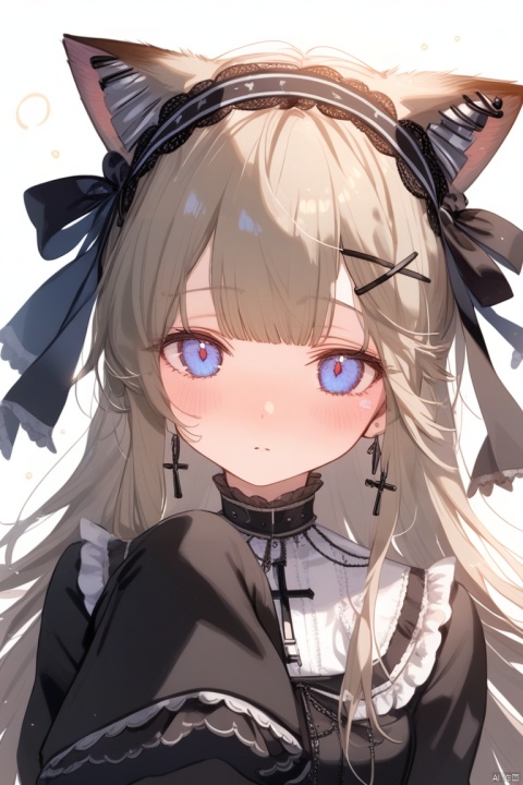 1girl, solo, long hair, looking at viewer, blush, bangs, blue eyes, simple background, hair ornament, long sleeves, white background, dress, bow, animal ears, jewelry, closed mouth, upper body, hair bow, hairband, earrings, hairclip, cat ears, black dress, sleeves past wrists, grey eyes, sparkle, black bow, cross, black hairband, x hair ornament, sleeves past fingers, lolita fashion, gothic lolita, cross earrings