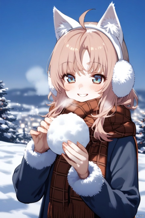 1girl, nekomimi, snow white hair, sapphire blue eyes, isolated on snowy landscape, winter scenery, cozy scarf, fluffy earmuffs, playful snowball, cheerful smile, cold breath in the air.