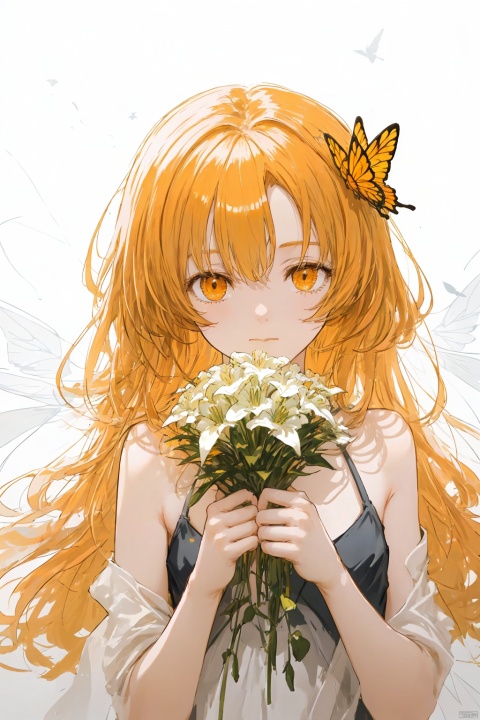 butterfly hair ornament, flat chest, (ambiguous gender:1.2), plain clothes, holding a bouquet of lilies, (from side:0.7) (sketch:1.3), charcoal drawing, rough drawing, selective color monochrome((White, Yellow, Orange)), partial coloring, golden edge