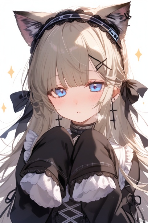  1girl, solo, long hair, looking at viewer, blush, bangs, blue eyes, simple background, hair ornament, long sleeves, white background, dress, bow, animal ears, jewelry, closed mouth, upper body, hair bow, hairband, earrings, hairclip, cat ears, black dress, sleeves past wrists, grey eyes, sparkle, black bow, cross, black hairband, x hair ornament, sleeves past fingers, lolita fashion, gothic lolita, cross earrings