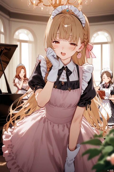 long hair, looking at viewer, blush, smile, open mouth, bangs, multiple girls, brown hair, hair ornament, gloves, long sleeves, dress, bow, holding, jewelry, closed eyes, braid, flower, short sleeves, earrings, frills, puffy sleeves, indoors, white gloves, 3girls, blunt bangs, necklace, white dress, blurry, :o, apron, black dress, puffy short sleeves, book, maid, maid headdress, window, rose, frilled dress, tiara, pink bow, instrument, pink dress, hand on own face, maid apron, music, hand on own cheek, book stack, piano, chandelier