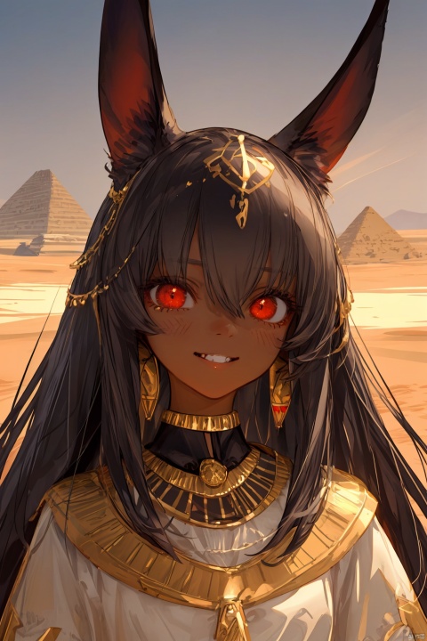vibrant colors, 1 girl, masterpiece, sharp focus, best quality, depth of field, cinematic lighting, detailed outfit, anubis girl, anubis ears, red eyes, dark skin, cute, smile, medium black hair, egyptian outfit, golden egyptian jewelry, desert, pyramid, 