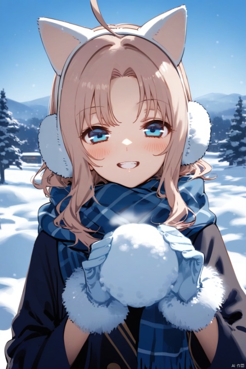 1girl, nekomimi, snow white hair, sapphire blue eyes, isolated on snowy landscape, winter scenery, cozy scarf, fluffy earmuffs, playful snowball, cheerful smile, cold breath in the air.